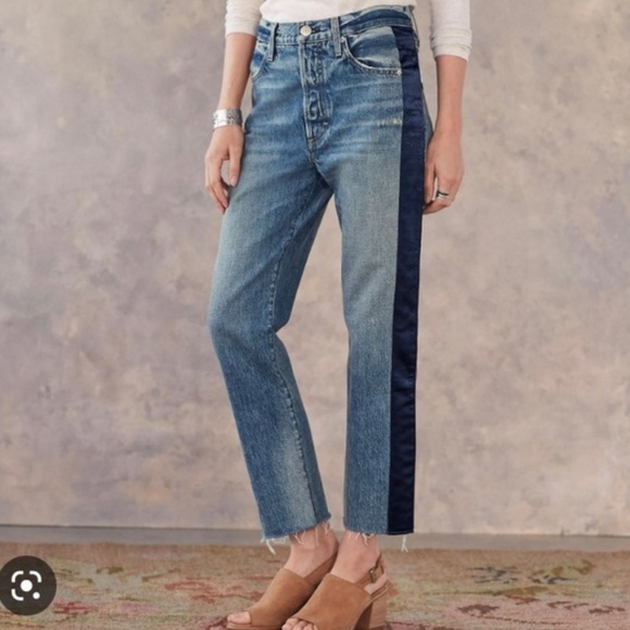 AMO Blue Straight Leg Jeans with Navy Side Stripe Raw Hem 26” - Picture 3 of 10